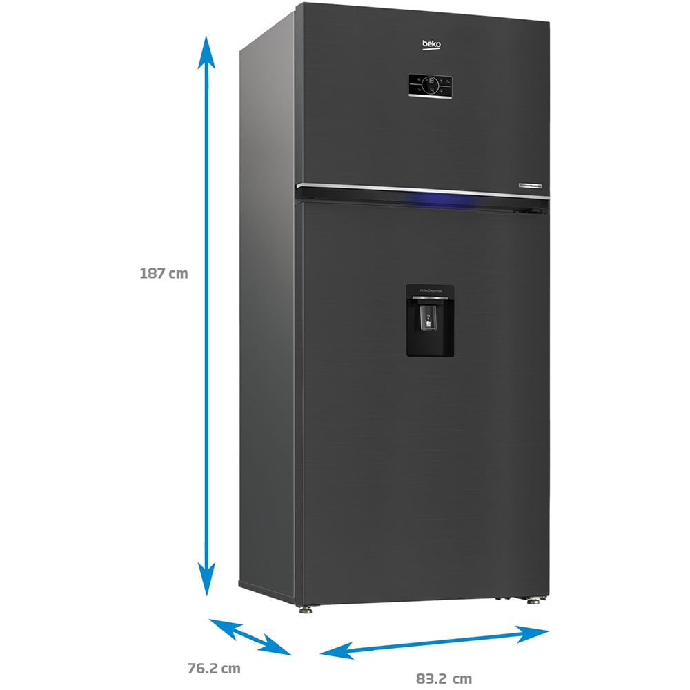 Frigider cu doua usi BEKO RDNE650E40DZXBRN, NeoFrost Dual Cooling, 630 l, H 187 cm, Clasa E, Dozator apa, dark inox