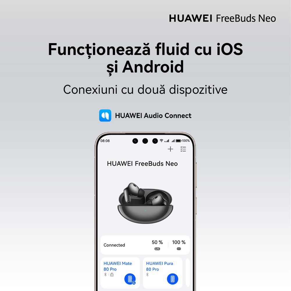 Casti HUAWEI FreeBuds Neo, True wireless, Bluetooth, In-ear, Microfon, Noise Cancelling, Black