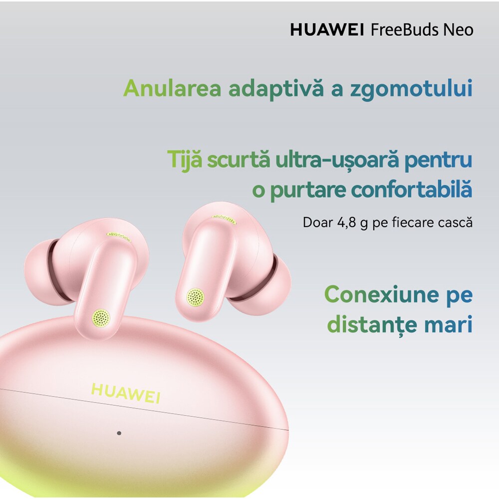 Casti HUAWEI FreeBuds Neo, True wireless, Bluetooth, In-ear, Microfon, Noise Cancelling, Pink