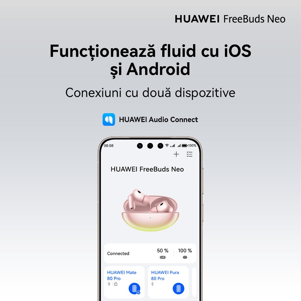 Casti HUAWEI FreeBuds Neo, True wireless, Bluetooth, In-ear, Microfon, Noise Cancelling, Pink
