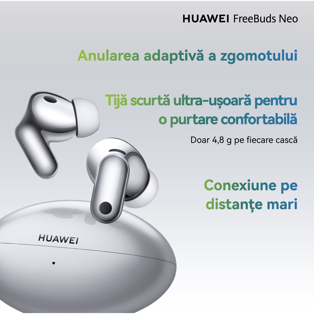 Casti HUAWEI FreeBuds Neo, True wireless, Bluetooth, In-ear, Microfon, Noise Cancelling, Silver