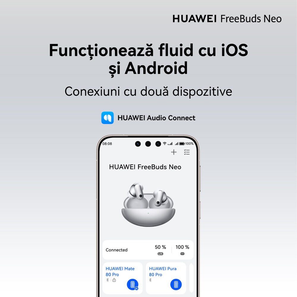 Casti HUAWEI FreeBuds Neo, True wireless, Bluetooth, In-ear, Microfon, Noise Cancelling, Silver