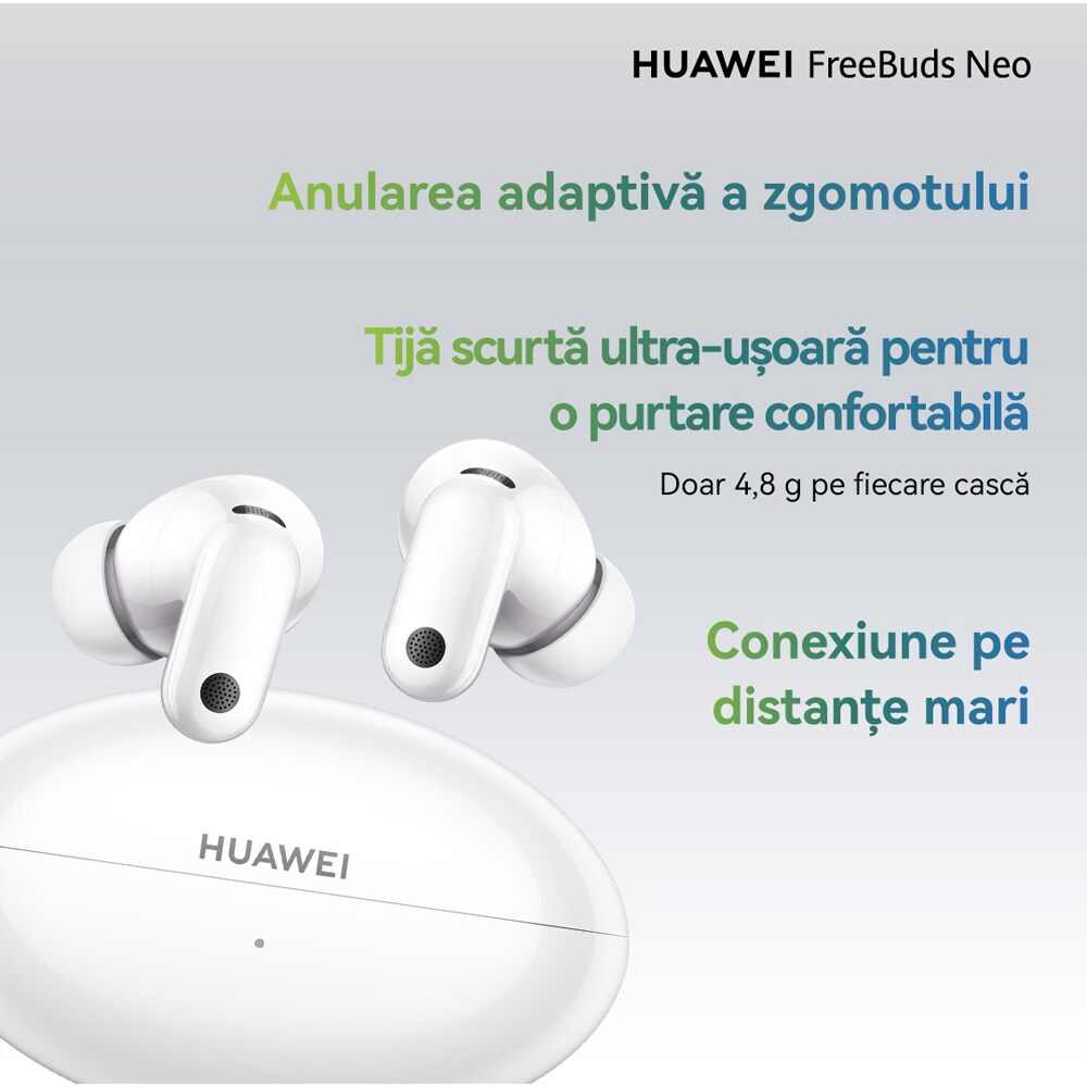Casti HUAWEI FreeBuds Neo, True wireless, Bluetooth, In-ear, Microfon, Noise Cancelling, White