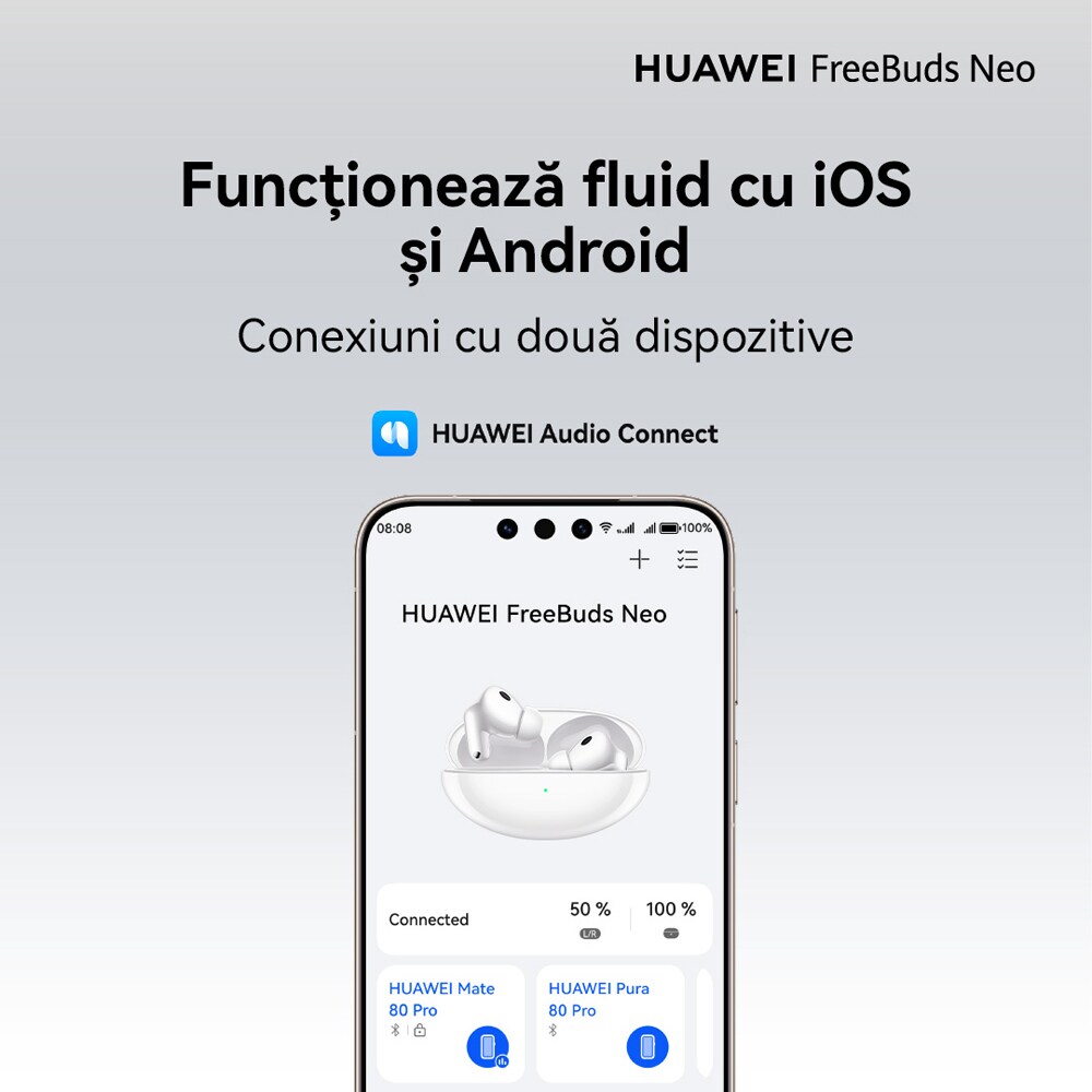 Casti HUAWEI FreeBuds Neo, True wireless, Bluetooth, In-ear, Microfon, Noise Cancelling, White