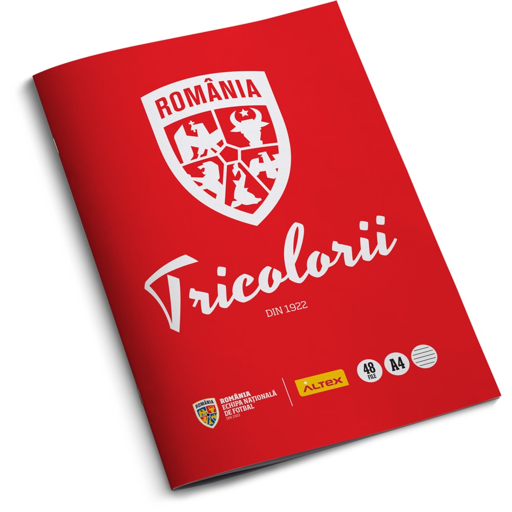 Pachet 6 Caiete A4 ECHIPA NATIONALA DE FOTBAL A ROMANIEI Tricolorii, 3 dictando + 3 matematica, 48 file, legatura capsata, multicolor