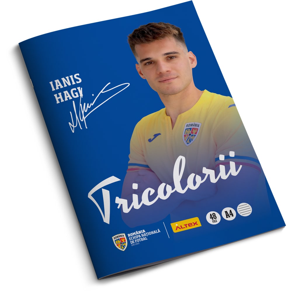 Pachet 6 Caiete A4 ECHIPA NATIONALA DE FOTBAL A ROMANIEI Tricolorii, 3 dictando + 3 matematica, 48 file, legatura capsata, multicolor