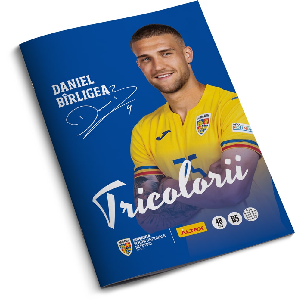Pachet 6 Caiete B5 ECHIPA NATIONALA DE FOTBAL A ROMANIEI Tricolorii, 3 matematica + 3 dictando, 48 file, legatura capsata, multicolor