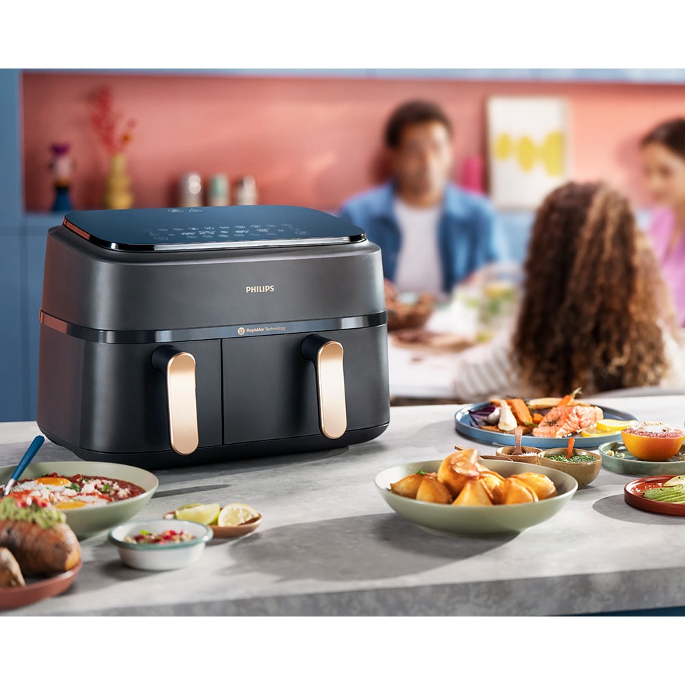Friteuza cu aer cald dubla PHILIPS Seria 3000 NA352/00, 3kg, 9l, 2750W, negru-auriu