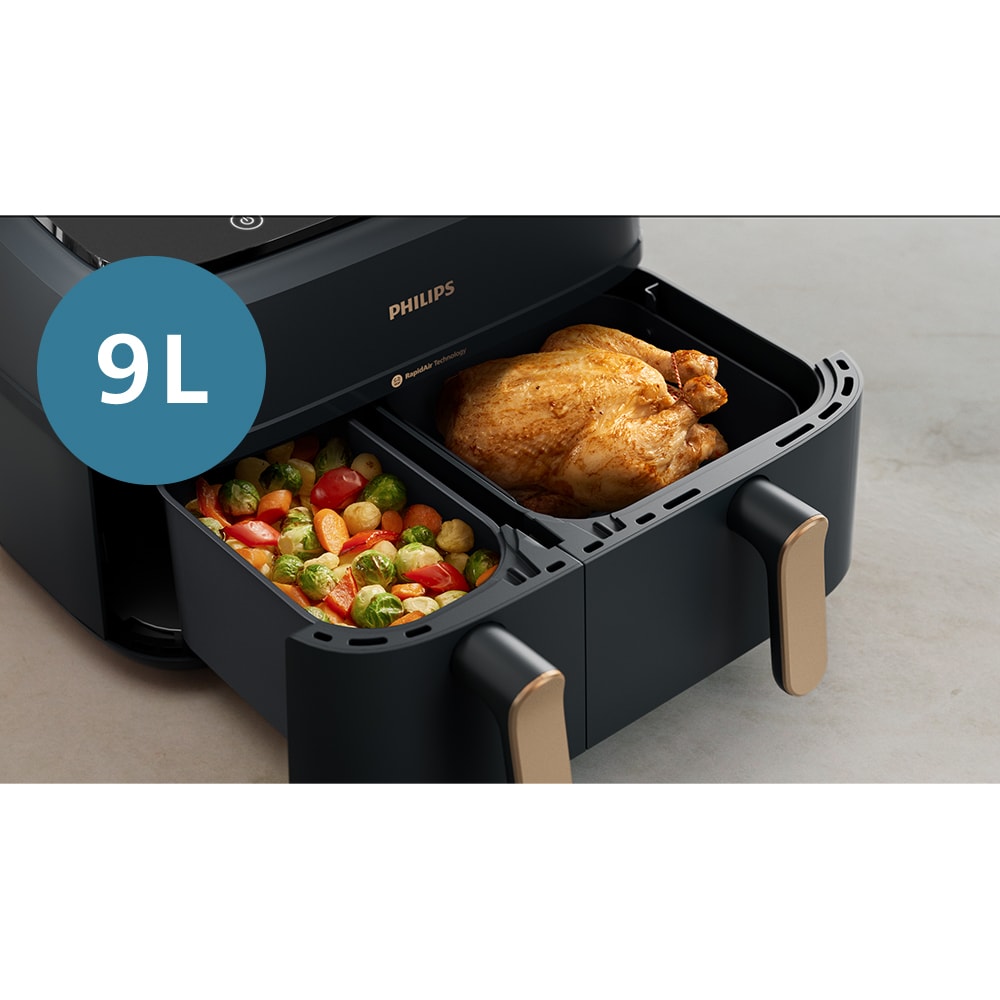 Friteuza cu aer cald dubla PHILIPS Seria 3000 NA352/00, 3kg, 9l, 2750W, negru-auriu