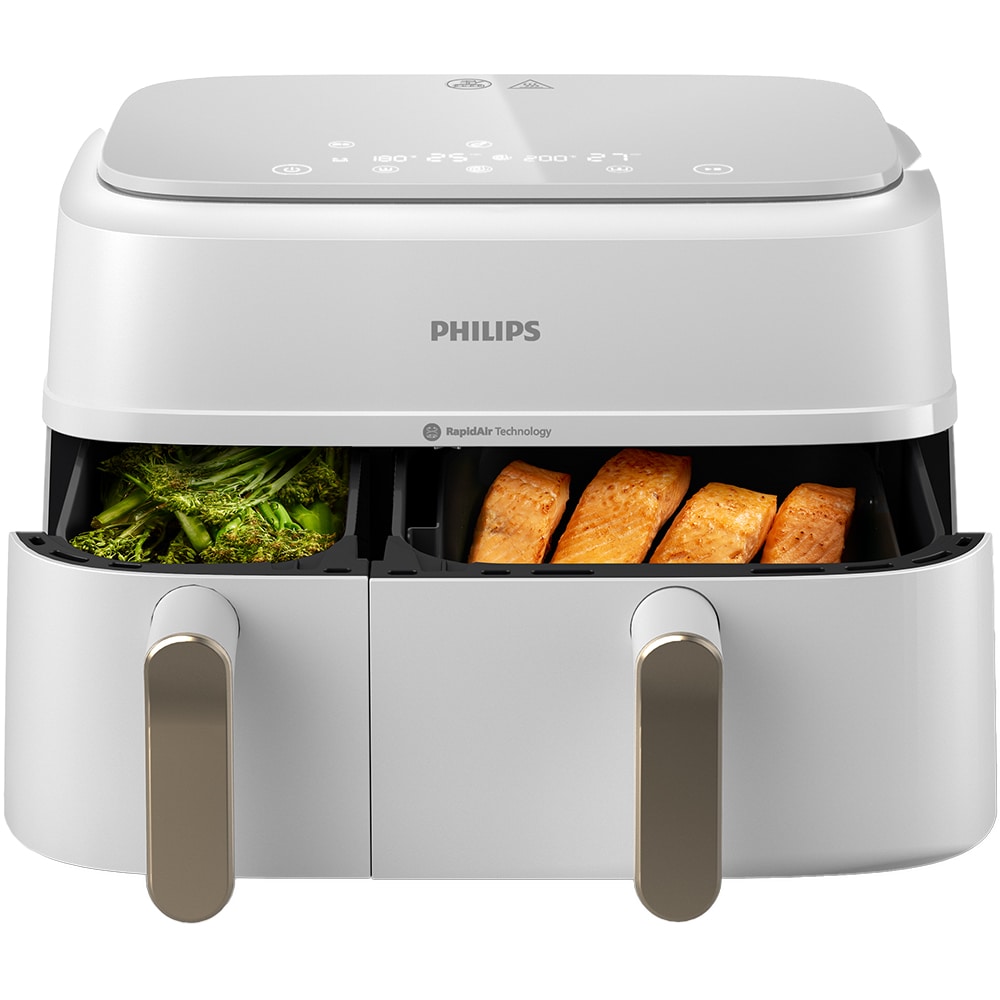 Friteuza cu aer cald dubla PHILIPS Seria 3000 NA353/10, 9l, 2750W, tehnologie RapidAir Plus, alb-auriu