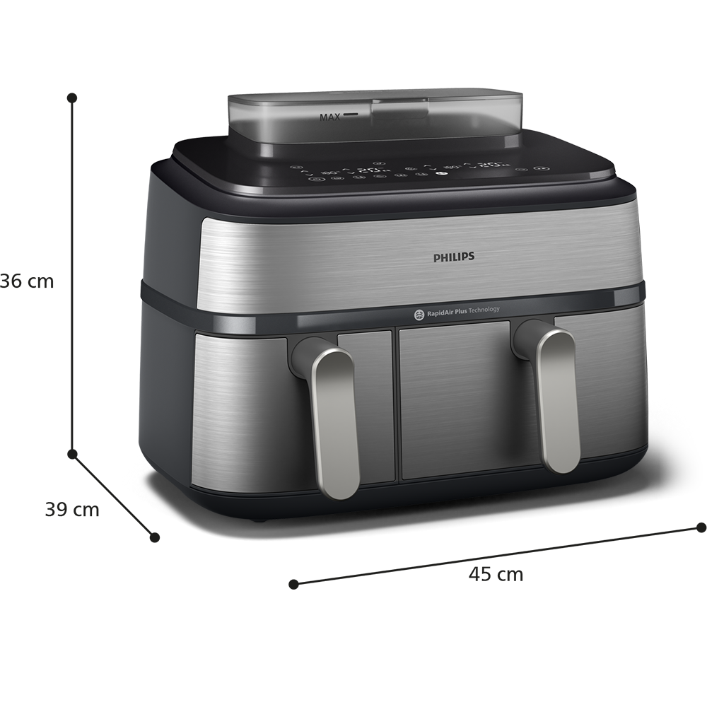 Friteuza cu aer cald dubla PHILIPS Seria 5000 NA555/00, 3kg, 9l, 2750W, functie Air Steam, argintiu-negru