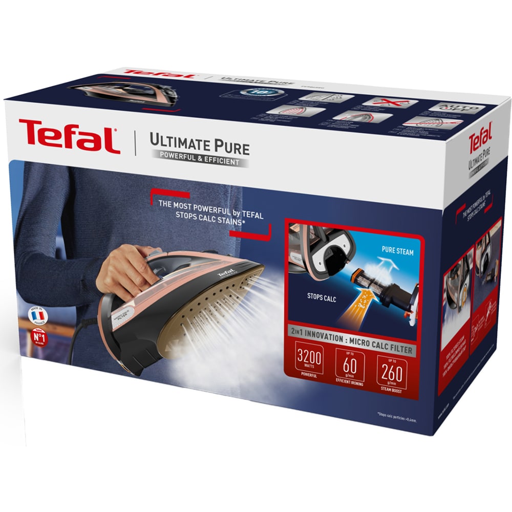 Fier de calcat TEFAL Ultimate Pure FV9845E0, 3000W, 260g/min, 350ml, talpa Durilium AirGlide, maro-negru