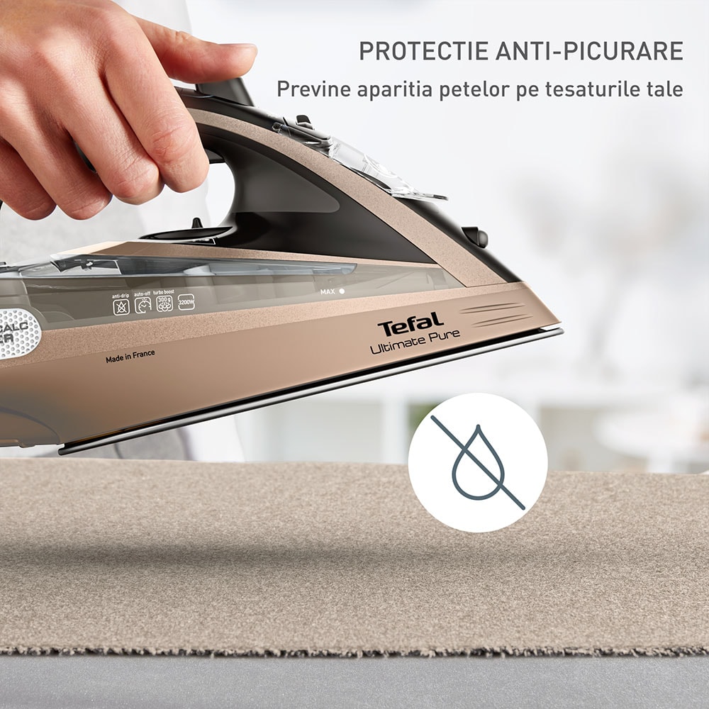 Fier de calcat TEFAL Ultimate Pure FV9852E0, 3200W, 300g/min, 350ml, talpa Durilium AirGlide AutoClean, auriu-negru
