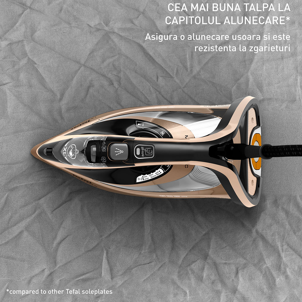 Fier de calcat TEFAL Ultimate Pure FV9852E0, 3200W, 300g/min, 350ml, talpa Durilium AirGlide AutoClean, auriu-negru