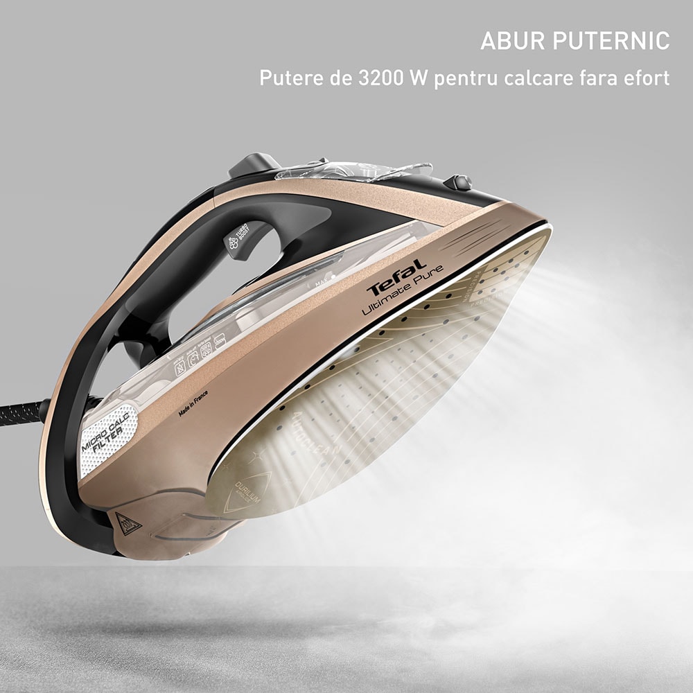Fier de calcat TEFAL Ultimate Pure FV9852E0, 3200W, 300g/min, 350ml, talpa Durilium AirGlide AutoClean, auriu-negru