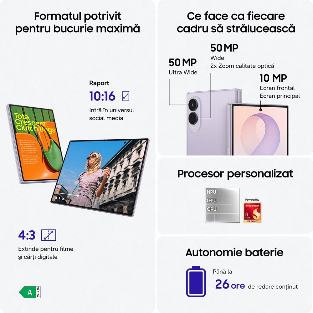 Telefon SAMSUNG Galaxy Z Fold8 5G, 512GB, 12GB RAM, Dual SIM, Lavender