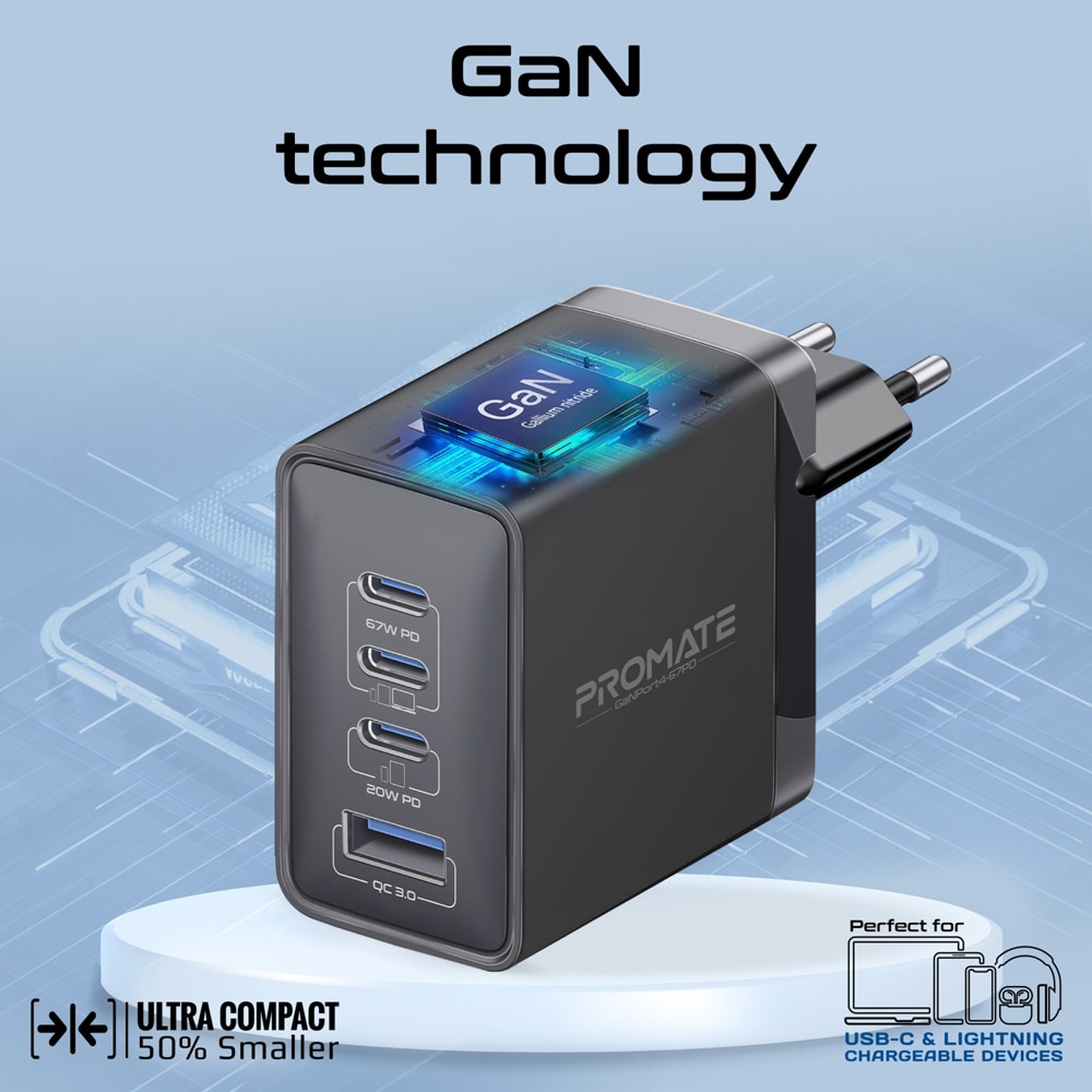 Incarcator retea PROMATE GaNPort4-67PD, 3x USB-C, 1x USB-A, 67W, negru