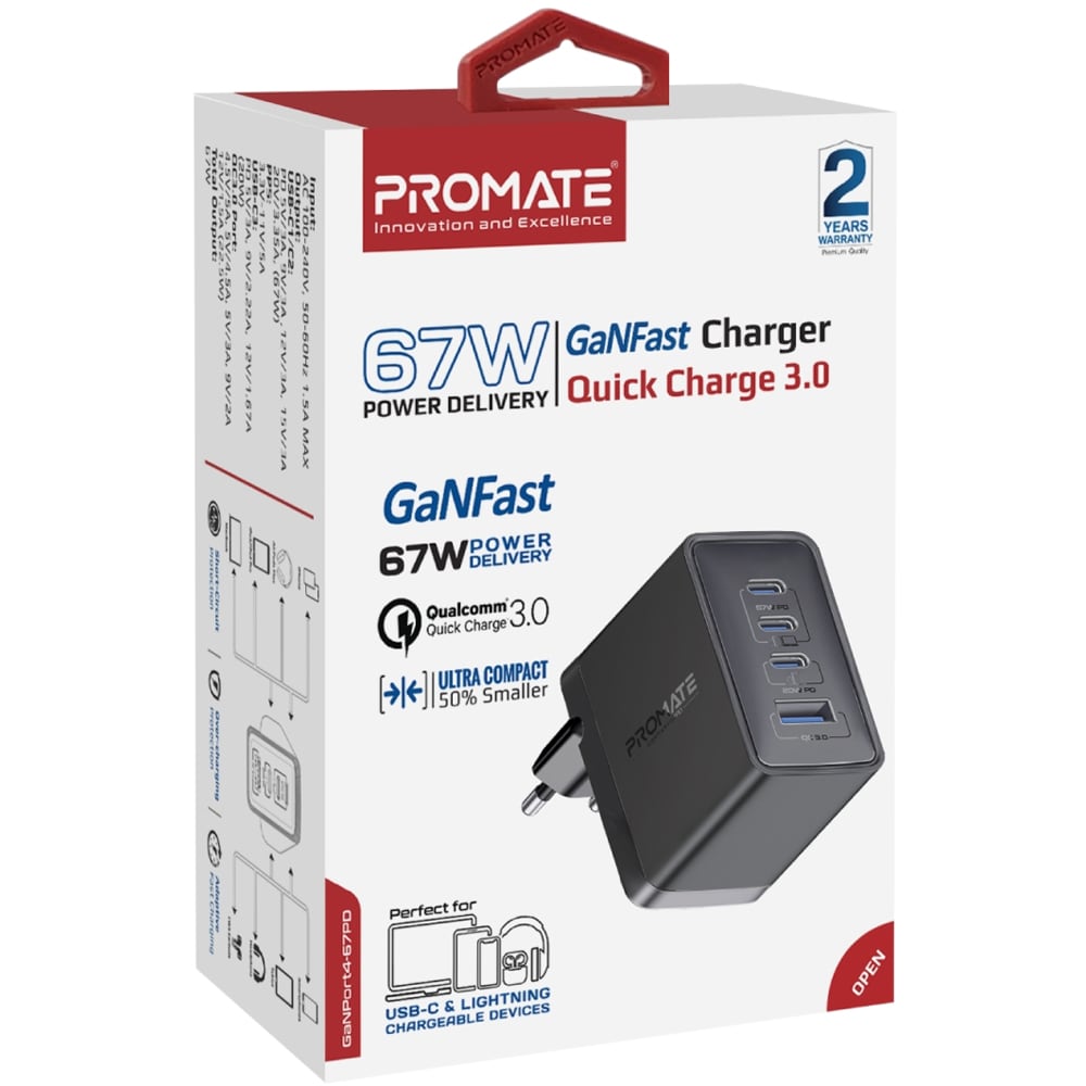 Incarcator retea PROMATE GaNPort4-67PD, 3x USB-C, 1x USB-A, 67W, negru