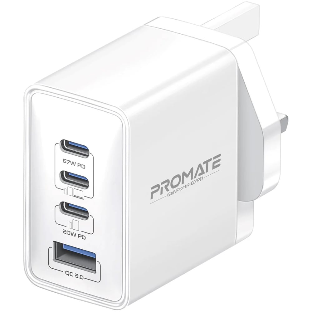 Incarcator retea PROMATE GaNPort4-67PD, 3x USB-C, 1x USB-A, 67W, alb