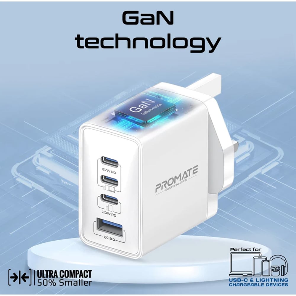 Incarcator retea PROMATE GaNPort4-67PD, 3x USB-C, 1x USB-A, 67W, alb