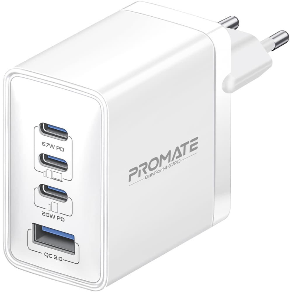 Incarcator retea PROMATE GaNPort4-67PD, 3x USB-C, 1x USB-A, 67W, alb