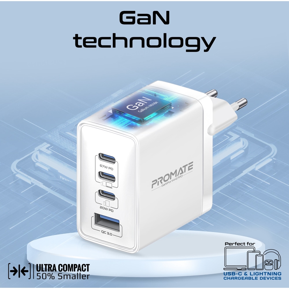 Incarcator retea PROMATE GaNPort4-67PD, 3x USB-C, 1x USB-A, 67W, alb