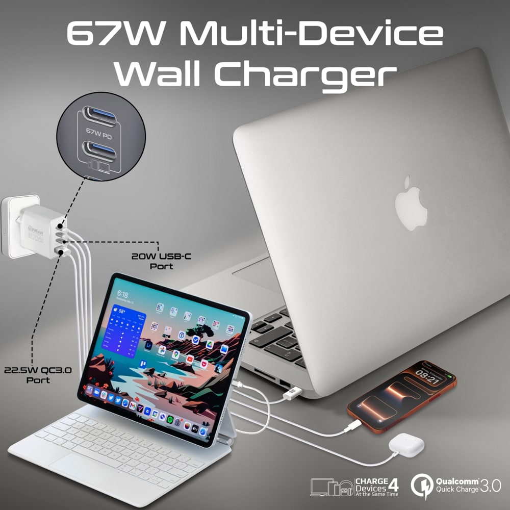Incarcator retea PROMATE GaNPort4-67PD, 3x USB-C, 1x USB-A, 67W, alb