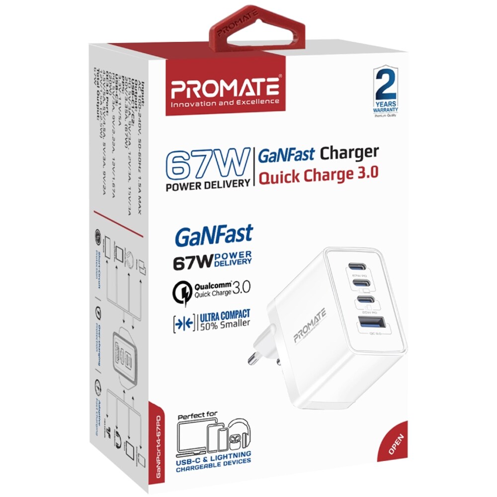 Incarcator retea PROMATE GaNPort4-67PD, 3x USB-C, 1x USB-A, 67W, alb