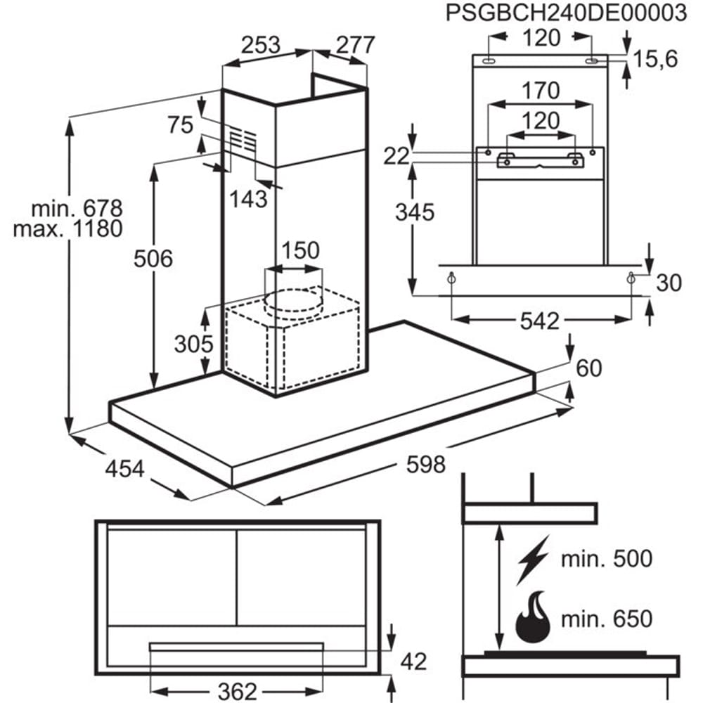 Hota decorativa AEG GB67D61HL, 1 motor, 730 m3/h, L 60 cm, inox