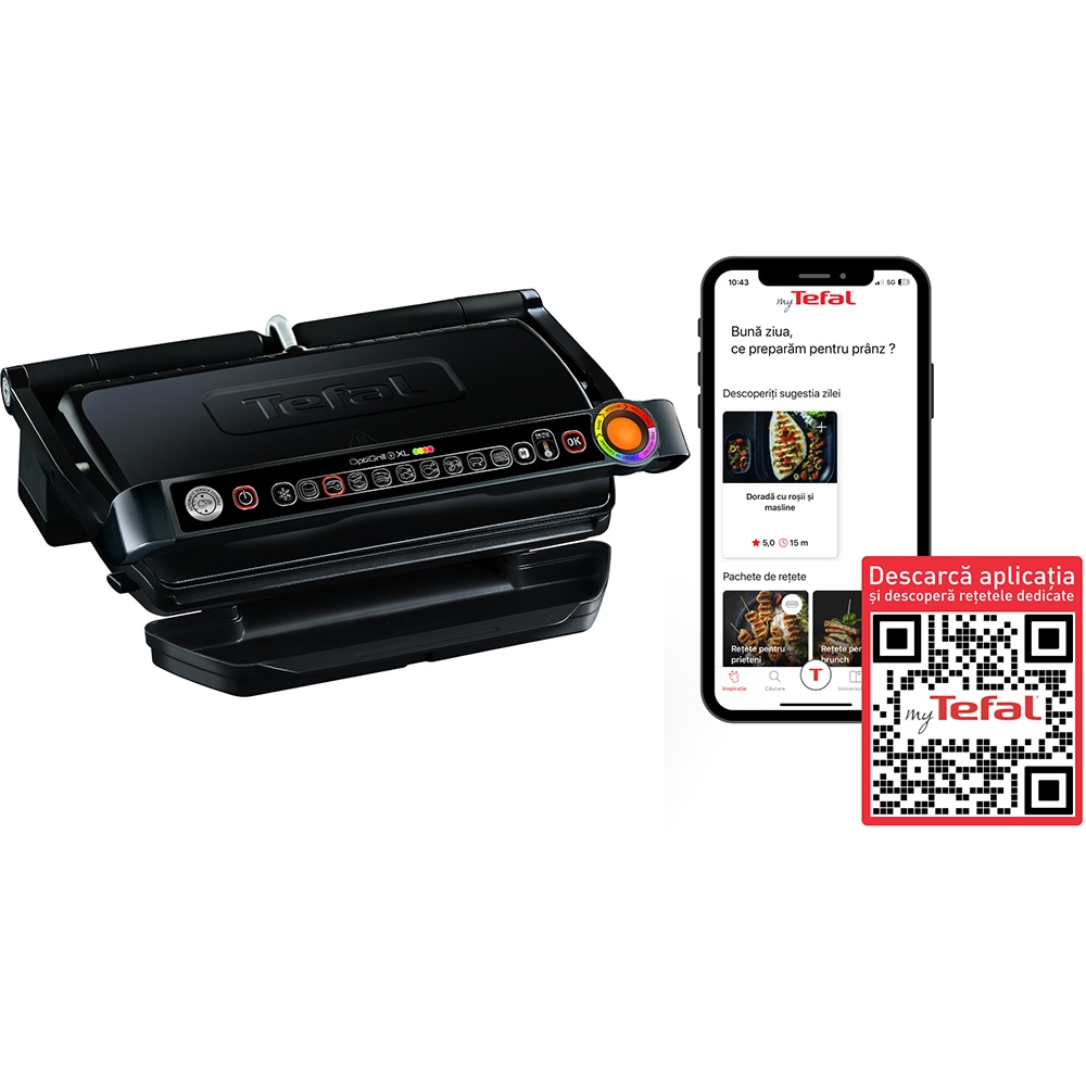 Gratar electric TEFAL OptiGrill + XL GC722834, 2000W, 9 programe automate, negru