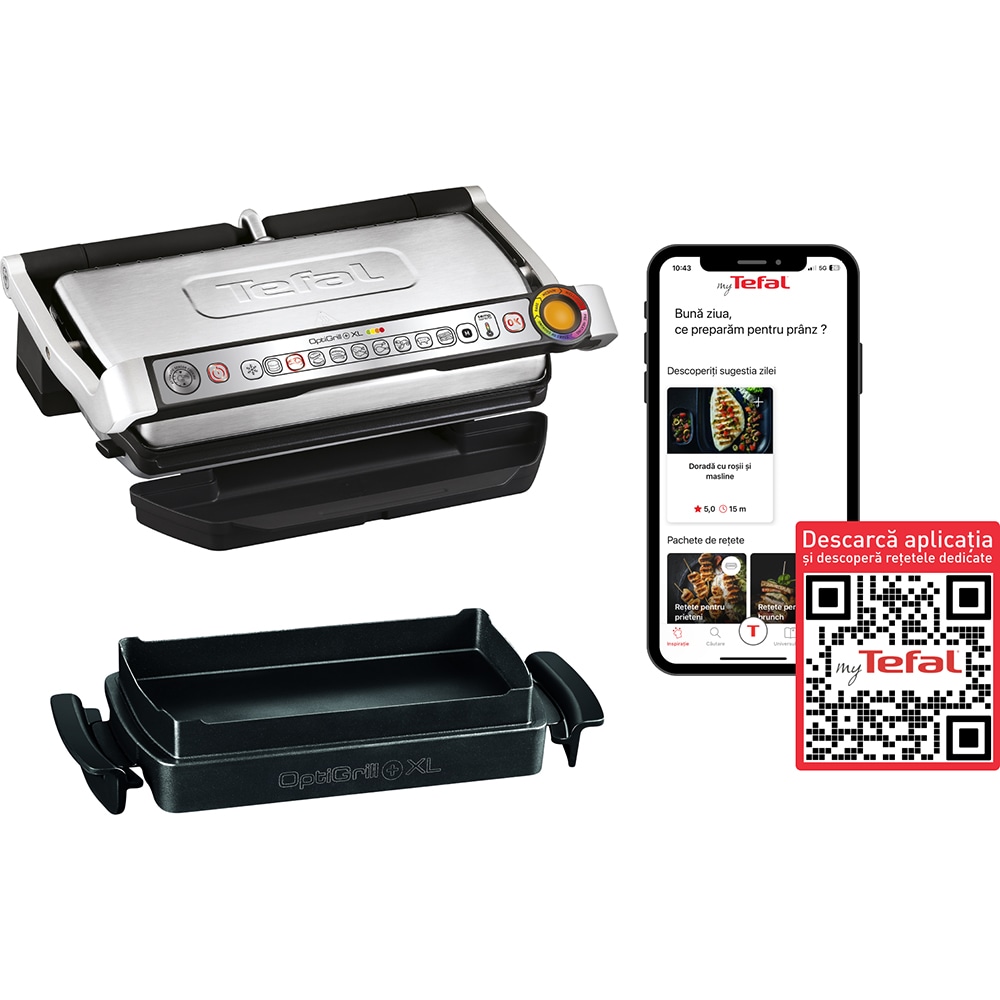 Gratar electric TEFAL OptiGrill+ XL Snacking&Baking GC724D12, 2000W, 9 programe automate, argintiu-negru