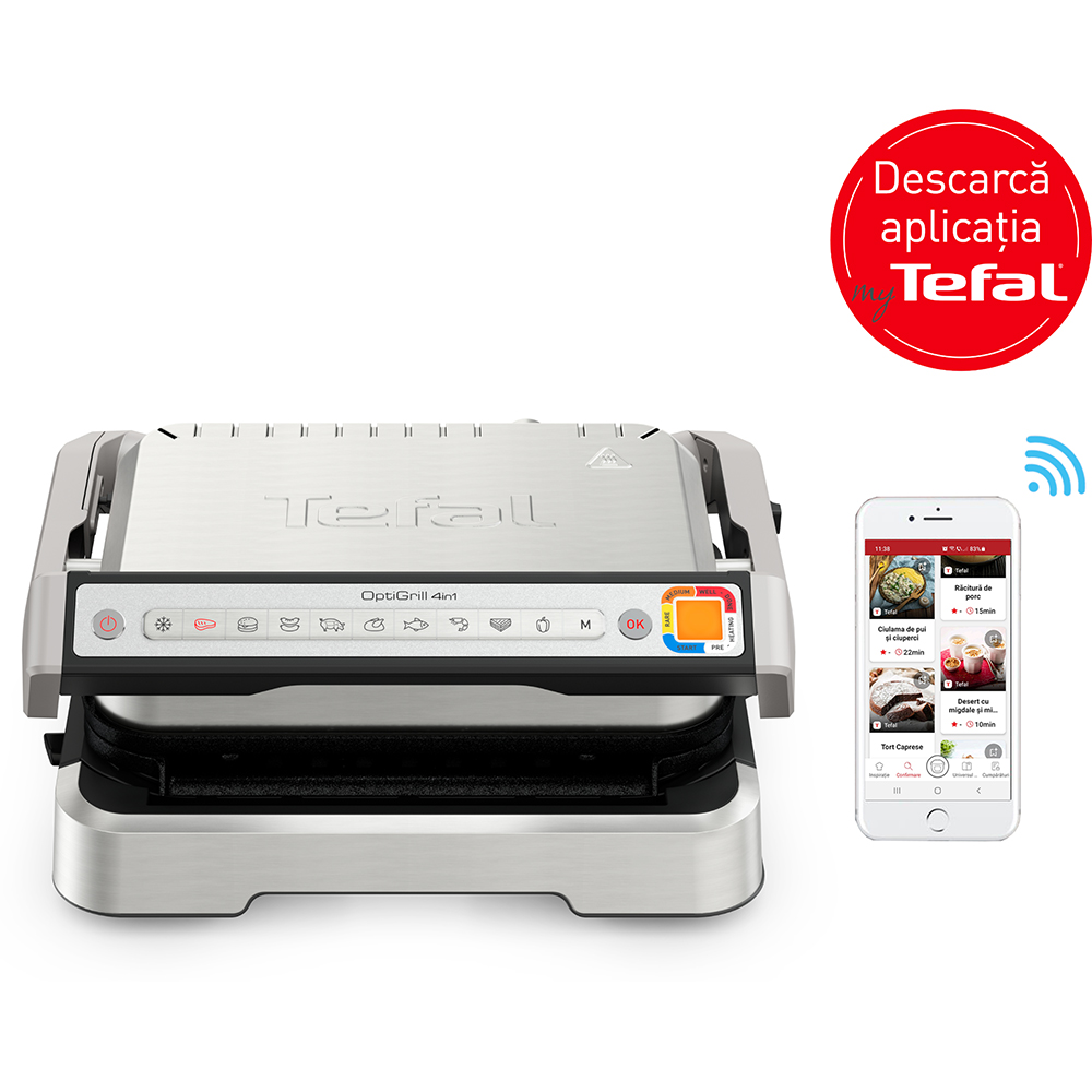 Gratar electric TEFAL OptiGrill 4in1 GC774D30, 2100W, 9 programe automate, argintiu-negru