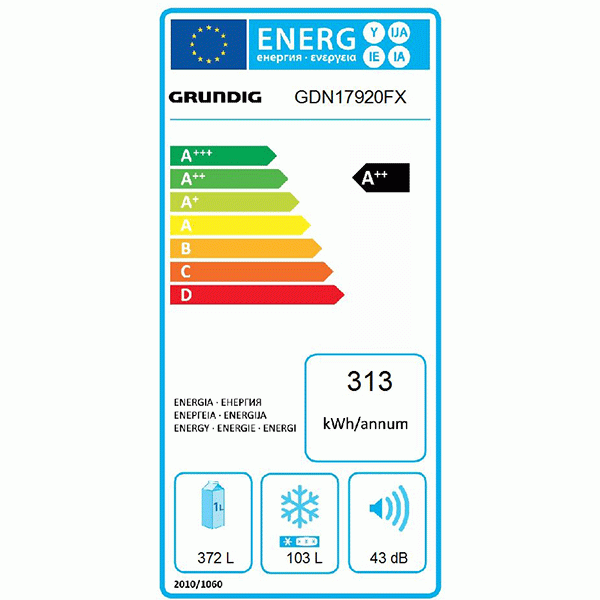 Frigider cu doua usi GRUNDIG GDN 17920 FX, Duo-Cooling No Frost, 475 l, H 193 cm, Clasa A++, inox