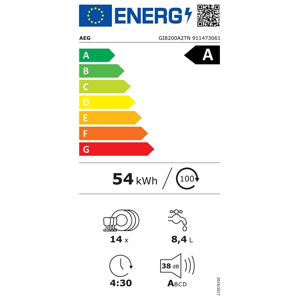 Masina de spalat vase incorporabila AEG GI8200A2TN, 14 seturi, 8 programe, 60 cm, Clasa A, Wi-Fi, panou comanda negru