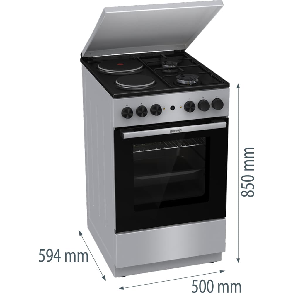 Aragaz GORENJE GK5A12SG, 4 arzatoare, Gaz + Electric, L 50 cm, gri