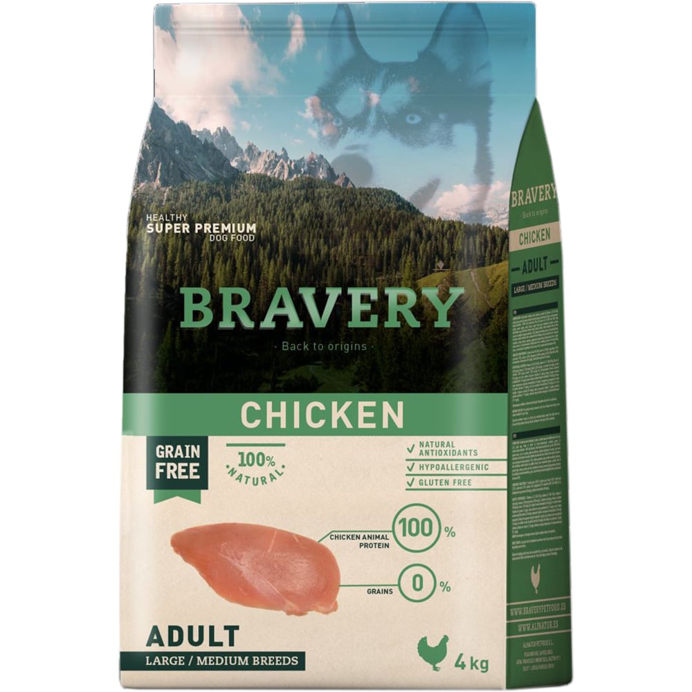 Hrana uscata pentru caini BRAVERY, Adult, Pui, 4 kg