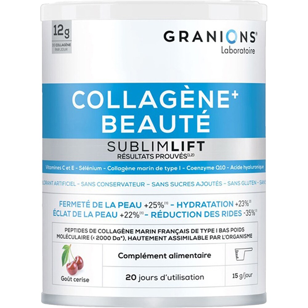 Supliment Collagene+ Beaute SublimLift - Colagen marin tip I, Acid Hialuronic si Coenzima Q10, 300 pudra cu aroma de cirese, GRANIONS