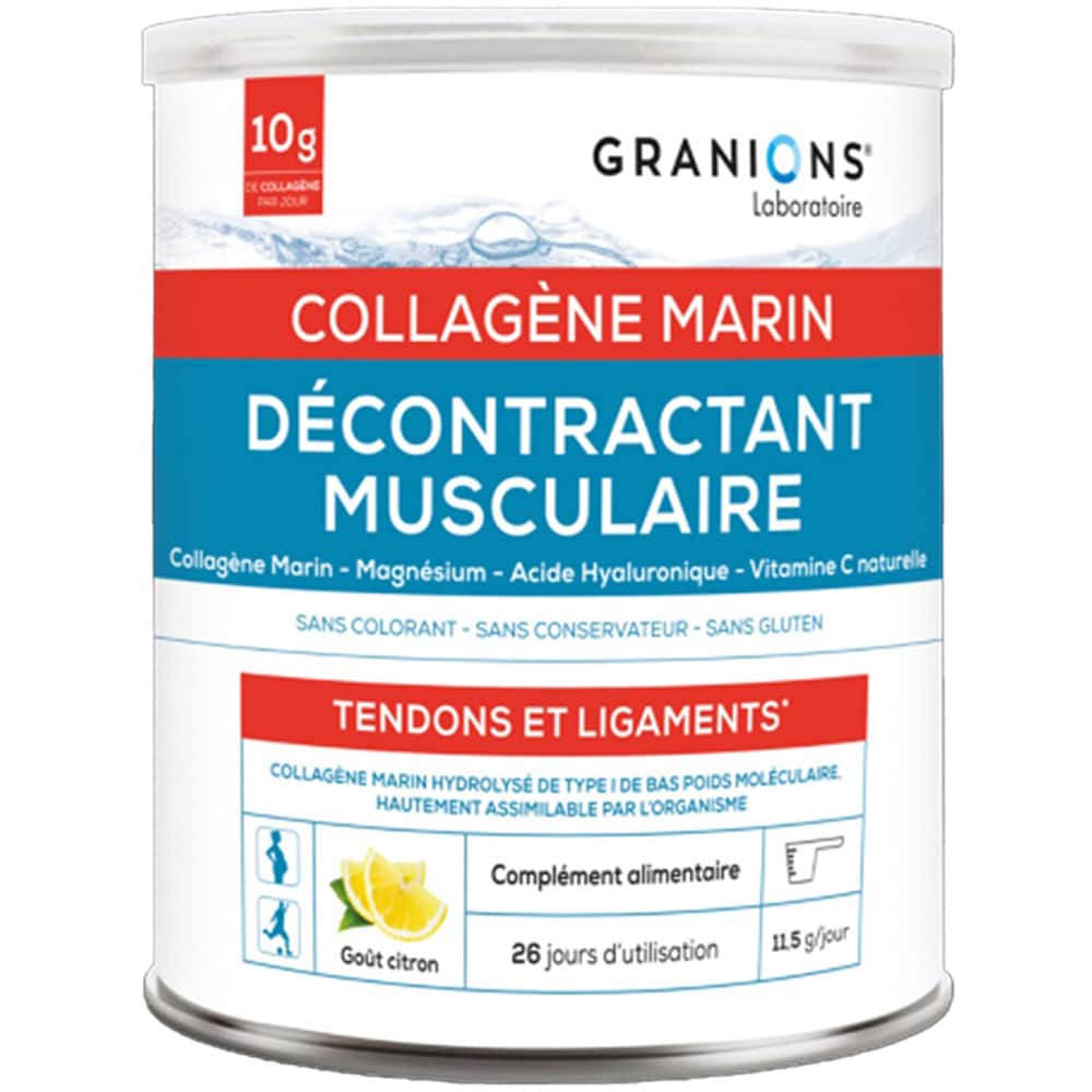 Supliment Decontractant muscular - Colagen marin tip I, Magneziu, Acid hialuronic, 300 g pudra aroma de lamaie, GRANIONS