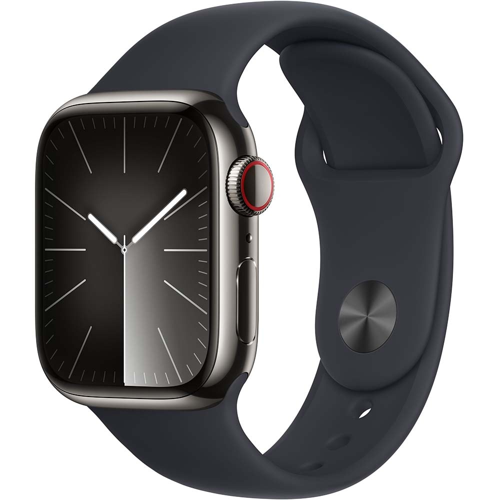 APPLE Watch Series 9, GPS + Cellular, 41mm Graphite Stainless Steel Case, Midnight Sport Band - M/L