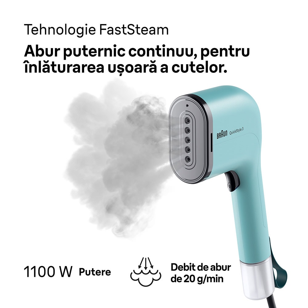 Aparat de calcat vertical BRAUN QuickStyle 3 GS3013GR, 1100W, 20g/min, 70ml, verde