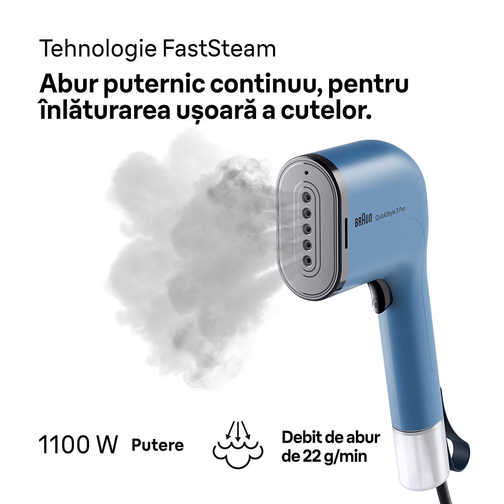 Aparat de calcat vertical BRAUN QuickStyle 3 Pro GS3024BL, 1100W, 22g/min, 120ml, albastru