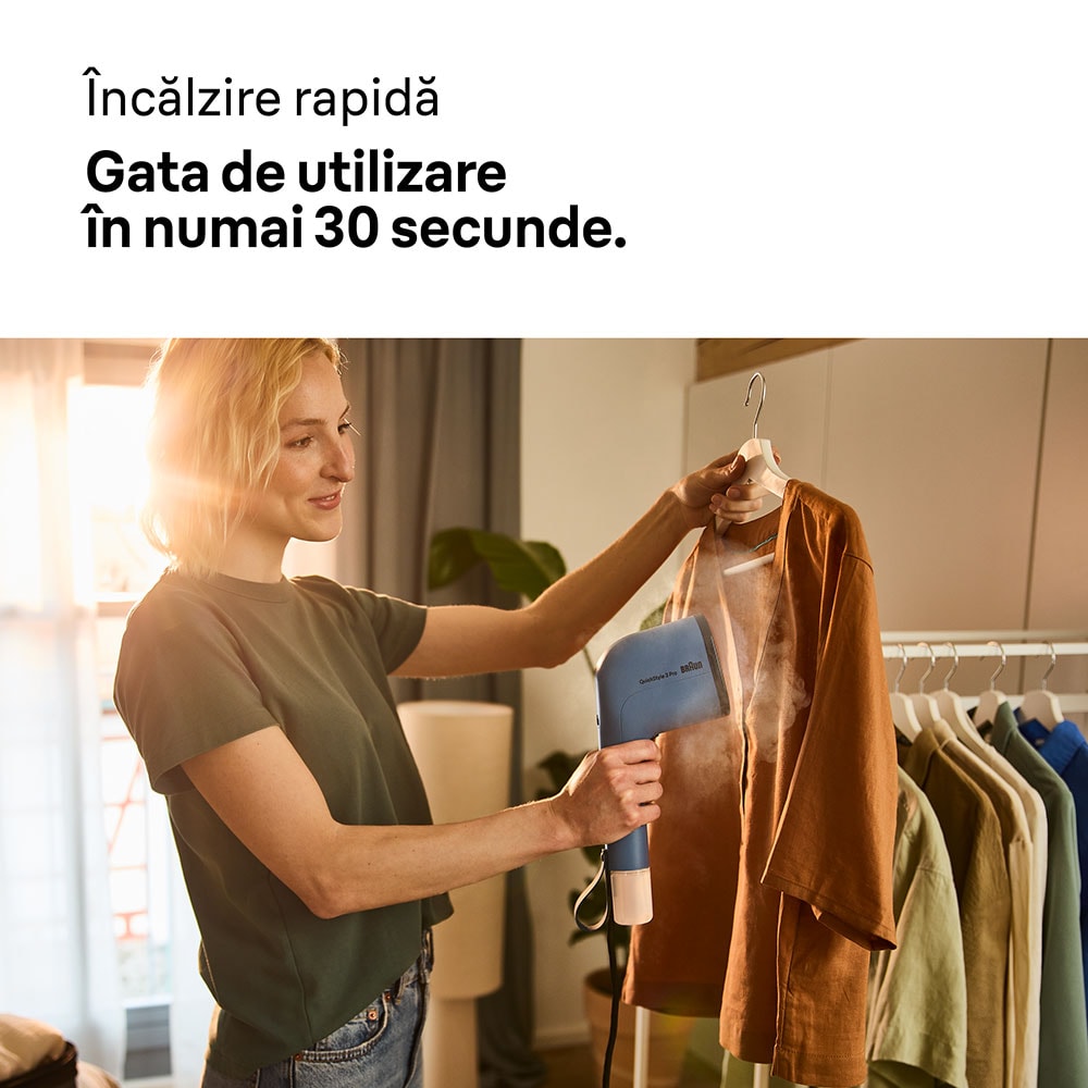 Aparat de calcat vertical BRAUN QuickStyle 3 Pro GS3024BL, 1100W, 22g/min, 120ml, albastru