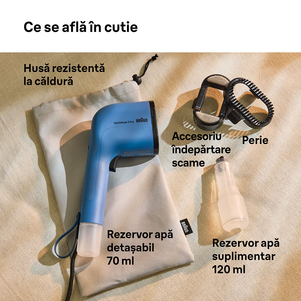 Aparat de calcat vertical BRAUN QuickStyle 3 Pro GS3024BL, 1100W, 22g/min, 120ml, albastru