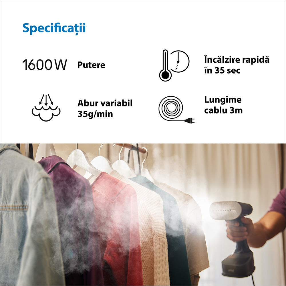 Aparat de calcat vertical cu abur BRAUN GS7088CP, 1600W, 25g/min, 250ml, talpa Dual FreeGlide 3D, negru