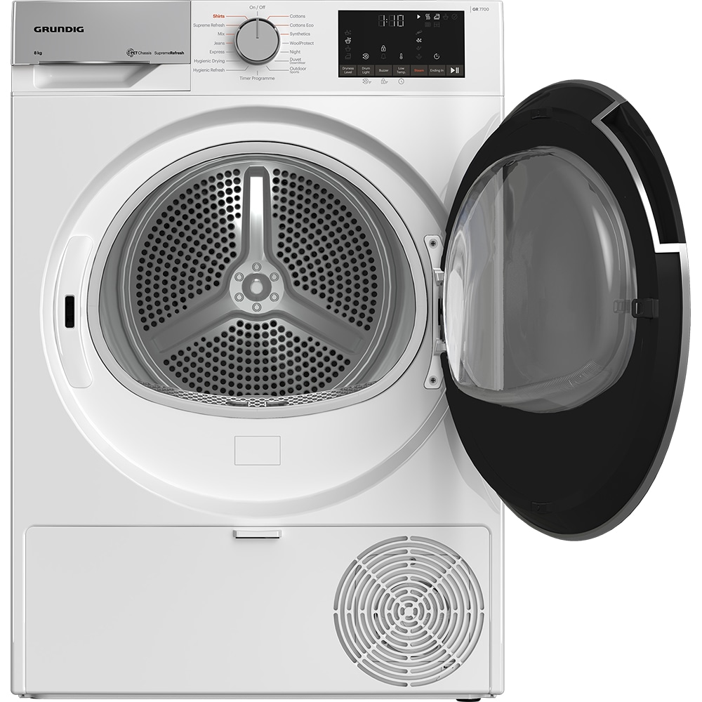 Uscator de rufe GRUNDIG GT75833D EU, Pompa de caldura, 8 kg, 15 programe, Clasa C, alb