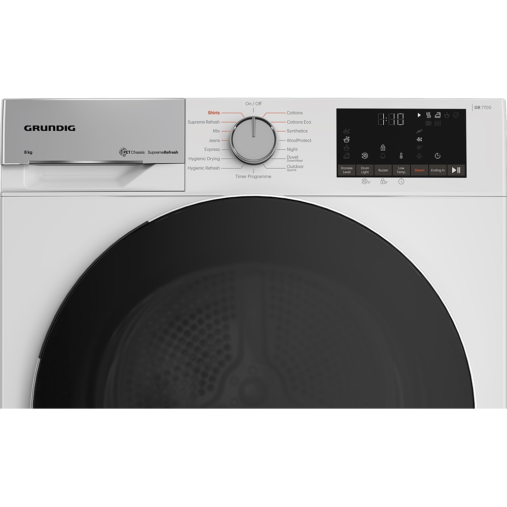 Uscator de rufe GRUNDIG GT75833D EU, Pompa de caldura, 8 kg, 15 programe, Clasa C, alb