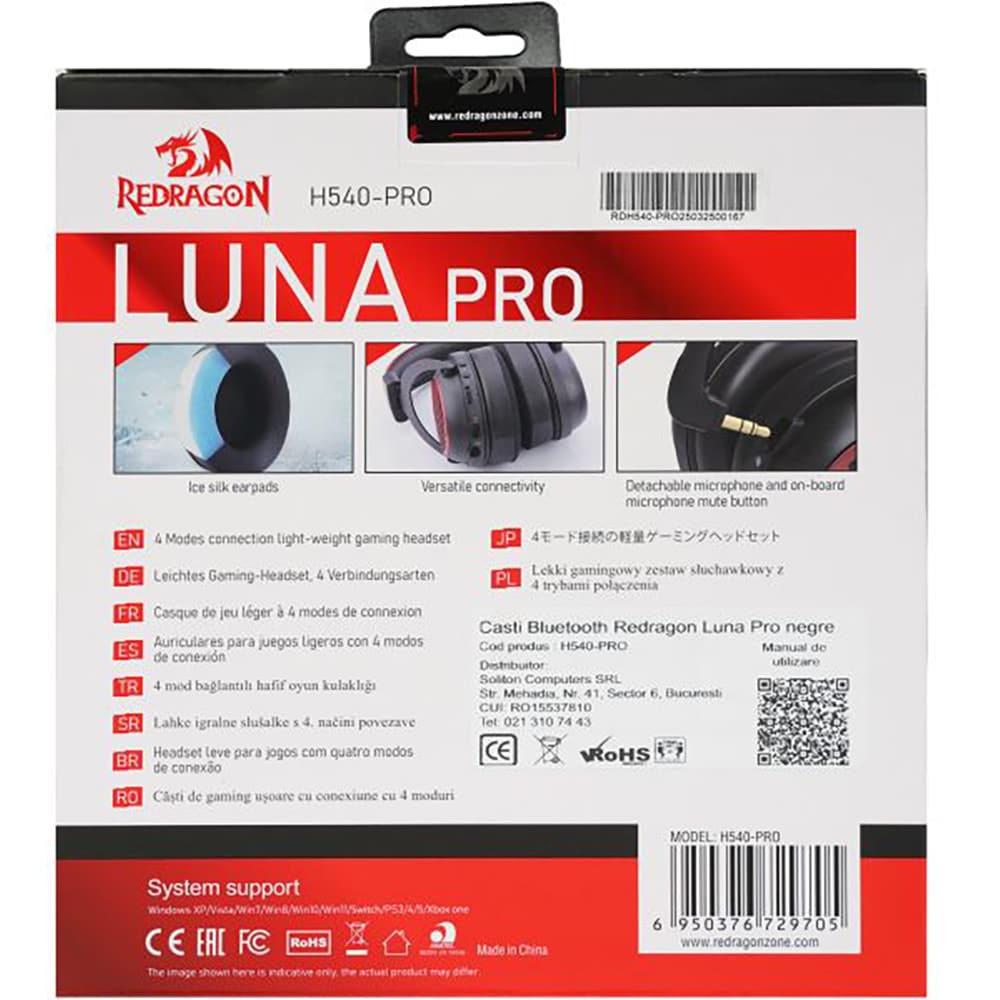 Casti Gaming Wireless REDRAGON Luna Pro, negru