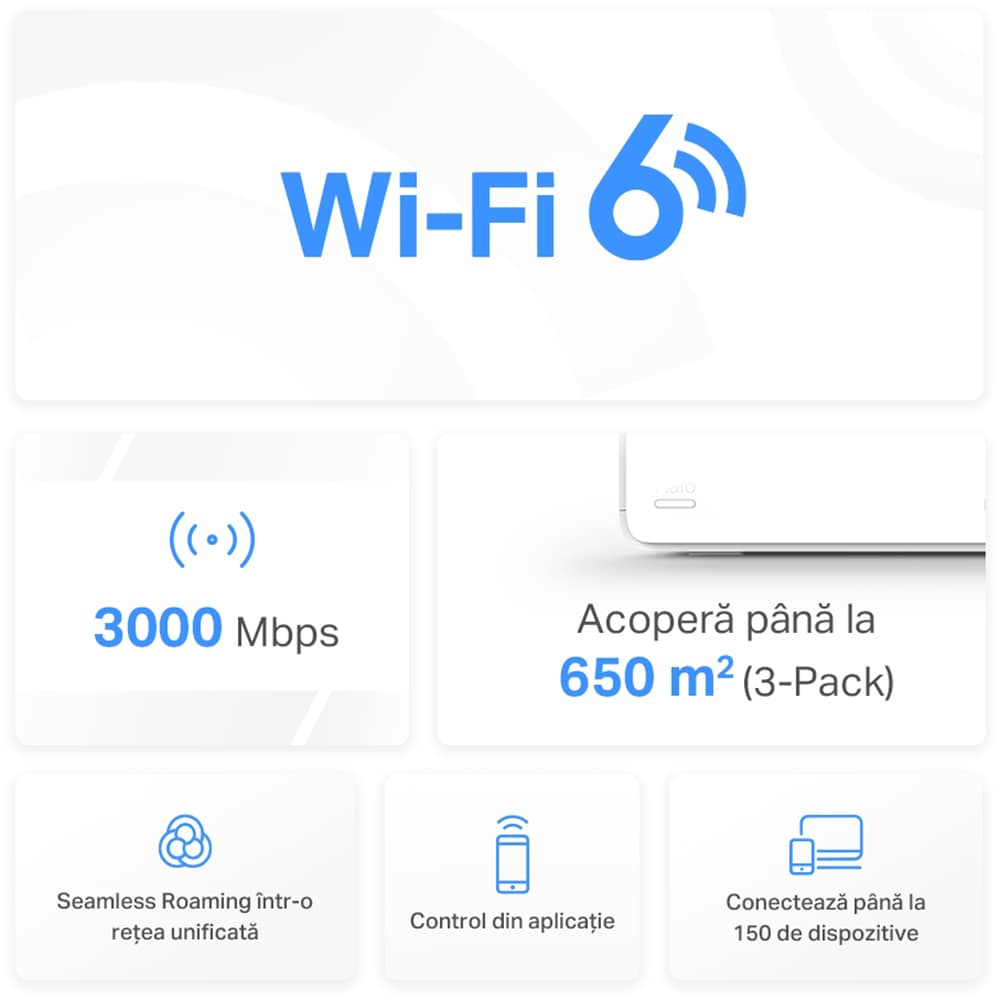 Sistem Wi-Fi Mesh MERCUSYS Halo H80X AX3000, Wi-Fi 6, Dual-Band 574 + 2402 Mbps, 3 buc, alb