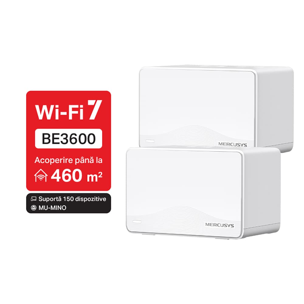 Sistem Wireless Mesh MERCUSYS Halo H25BE BE3600, Wi-Fi 7, Dual Band 688 + 2880 Mbps, 2 buc, alb