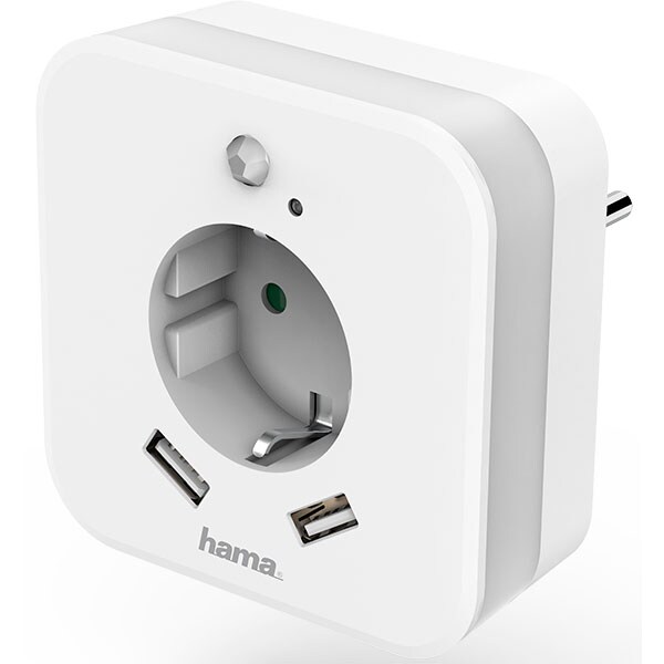 Adaptor priza HAMA 133752, 1 priza, 2 x USB, Senzor miscare, alb
